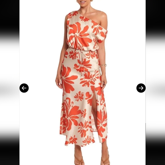 Petal & Pup Ana Satin Floral One Shoulder Satin Midi Dress Orange Cream Sz XS - Picture 3 of 13